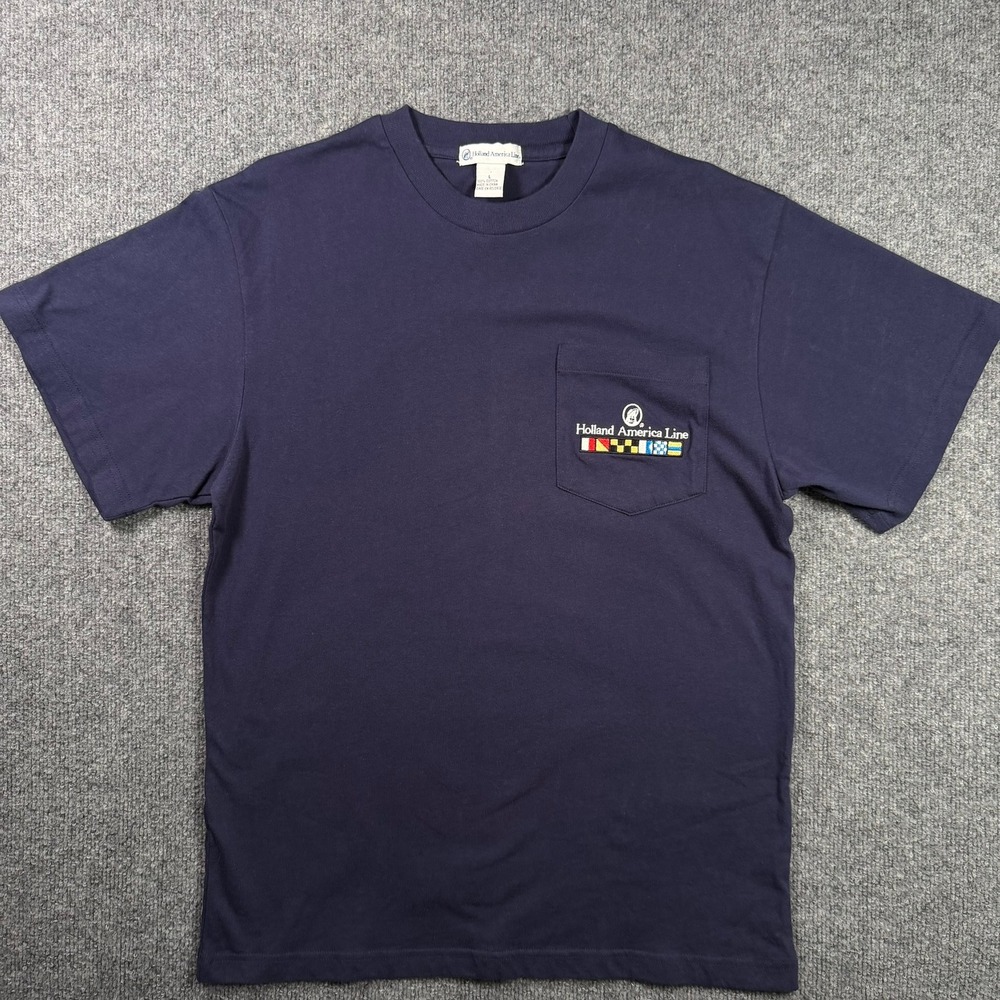 Holland America Line Pocket T-Shirt Large Navy Blue Embroidered Flags